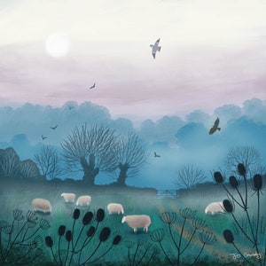 May include: A misty, blue landscape with a flock of sheep grazing in a field. The sky is a soft pink and blue, and there are trees in the background. There are also a few birds flying in the sky.
