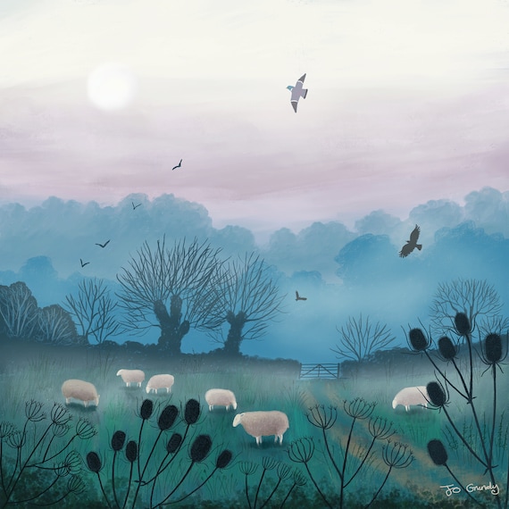 Canvas print of a misty landscape with sheep from an original image created using Procreate called 'Misty Dawn' by Jo Grundy