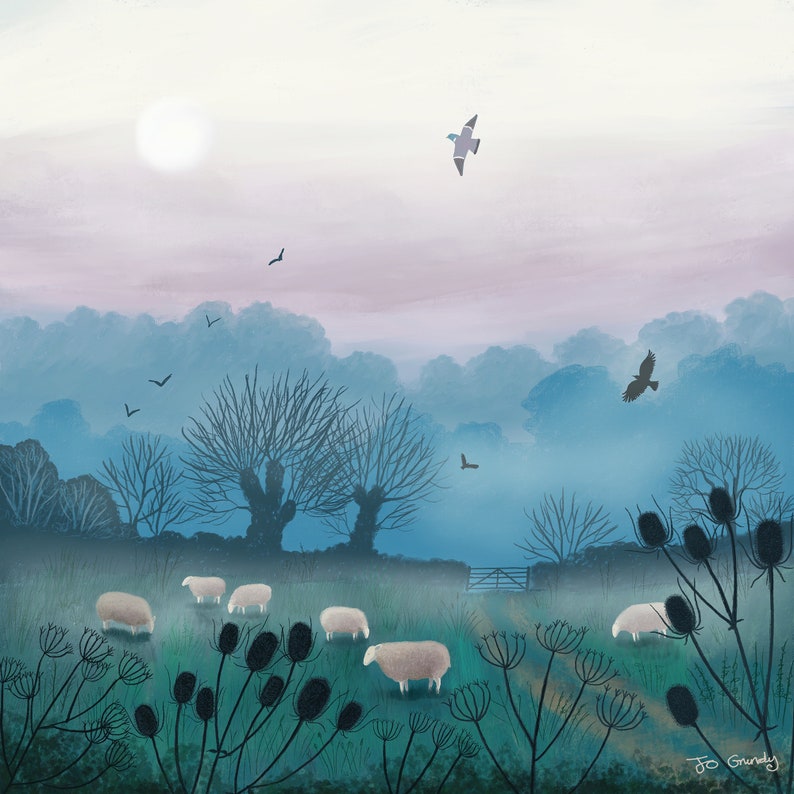 May include: A misty, blue landscape with a flock of sheep grazing in a field. The sky is a soft pink and blue, and there are trees in the background. There are also a few birds flying in the sky.