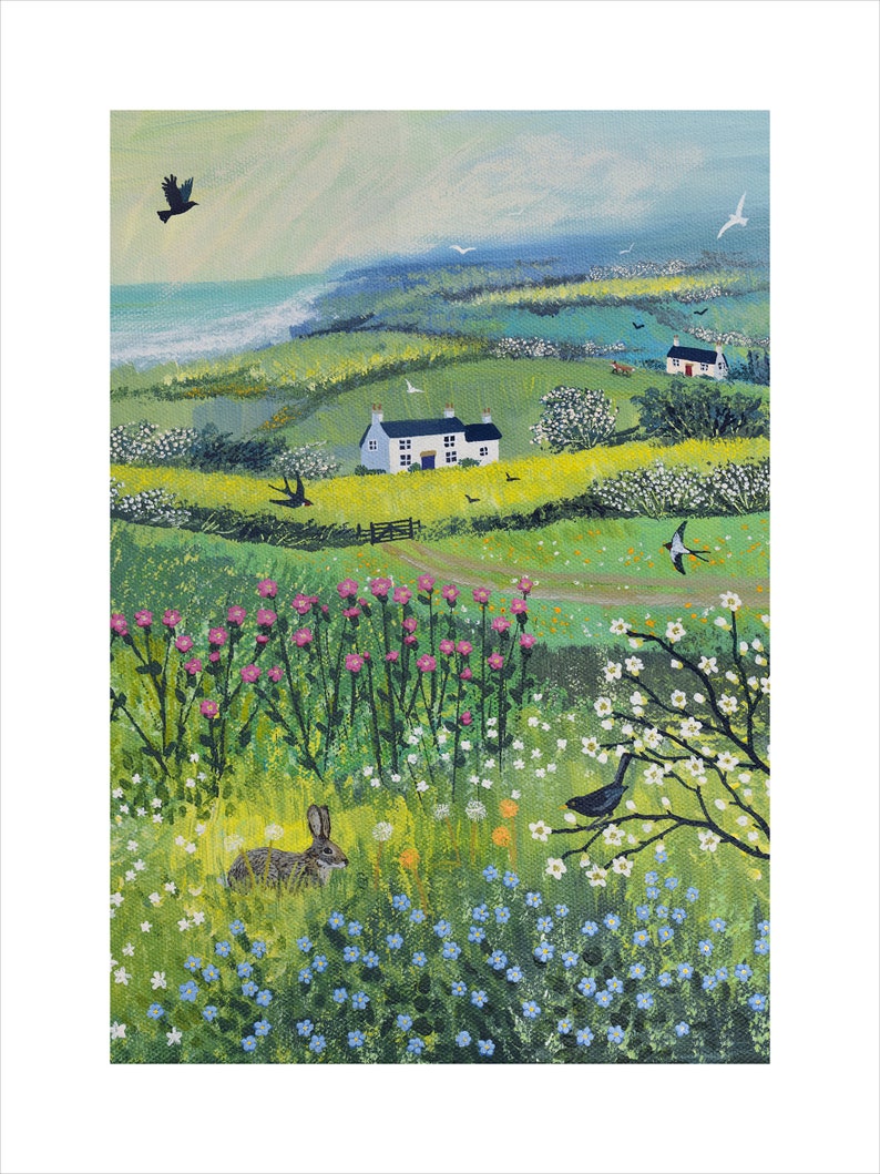 Nestled in the Meadow-print on paper of a rabbit among the wild flowers available in three sizes image 3