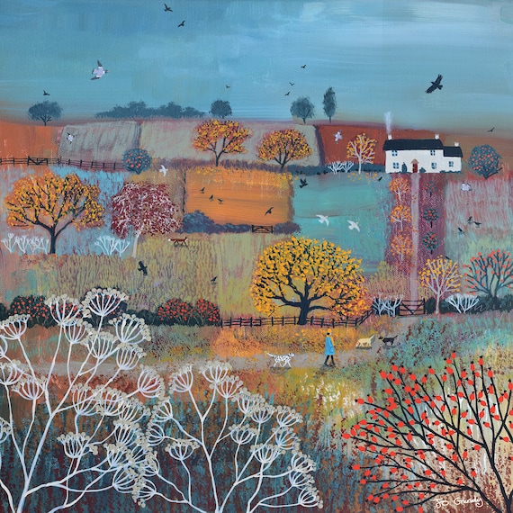 Canvas print of patchwork autumn landscape with dog walker from an original painting 'The Path to Autumn Cottage' by Jo Grundy
