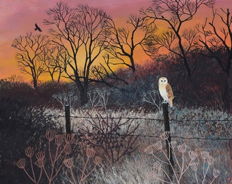 Sunset at the Spinney print on paper of a barn owl at sunset available in three sizes