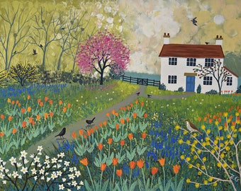 Print on paper of an English garden with cottage and tulips from an original acrylic painting Spring at 'Tulip Cottage' by Jo Grundy