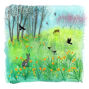 May include: A watercolor painting of a spring scene with a deer, a rabbit, and birds in a field of yellow daffodils. The background features a row of trees with white blossoms.