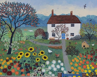 Canvas print of an English county cottage with hens, horses and birds from an original acrylic painting 'Apple Tree Cottage' by Jo Grundy