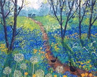 Canvas print of a spring woodland scene with bluebells printed from an original painting 'The Path Through Spring Wood' by Jo Grundy
