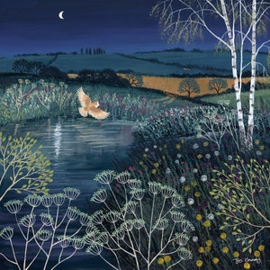 Canvas print of a night scene with owl in flight from an original painting 'Over Moonlit Pool' by Jo Grundy