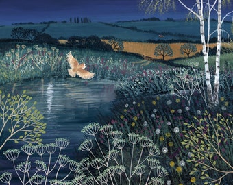 Canvas print of a night scene with owl in flight from an original painting 'Over Moonlit Pool' by Jo Grundy