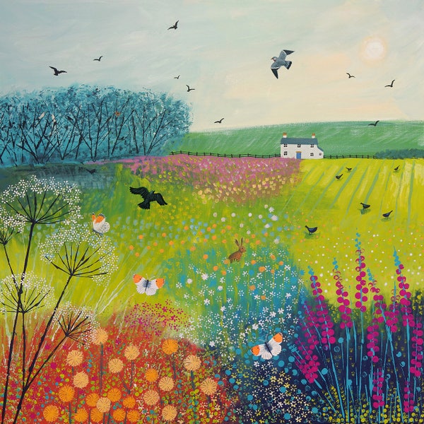 Print on paper of English landscape with flower meadow in summer with birds and wildlife from an original acrylic painting Midsummer Meadow