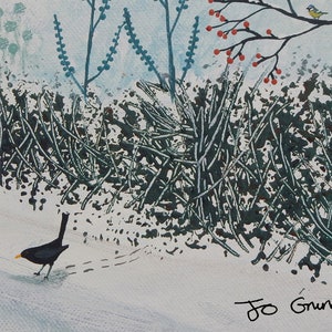 May include: A blackbird walks on a snowy path, leaving footprints behind it. The bird is walking towards a bush with green branches and red berries. The background is a light blue sky with a small blue bird perched on a branch.