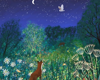 Print on paper of an English landscape of a fox at night printed from and image created using Procreate titled 'Star Gazing' by Jo Grundy