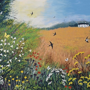 Print on paper of summer scene with cornfields and swallows from an original painting 'Harvest Swallows' by Jo Grundy
