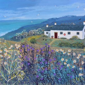 Print on paper of a sea scene with a white cottage from an original painting 'A Place by the Sea' by Jo Grundy
