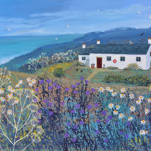 Print on paper of a sea scene with a white cottage from an original painting 'A Place by the Sea' by Jo Grundy