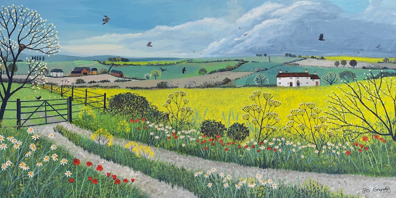 May include: A painting of a rural landscape with a white farmhouse in the distance. The foreground features a dirt road leading to a gate, with a field of yellow wildflowers and green grass. The sky is blue with white clouds.