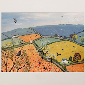 Mounted print, 10 x 8 inches of landscape with poppies from an original acrylic painting &#39;The View from Poppy Hill&#39; by Jo Grundy