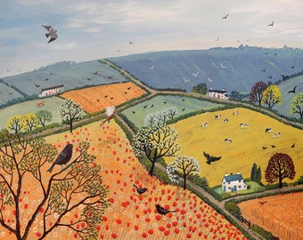 Print on paper of countryside with poppy field, cottages and birds from an original acrylic painting 'The View from Poppy Hill' by Jo Grundy