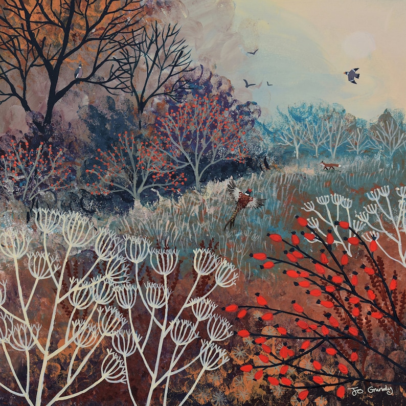 May include: A painting of a wintery forest scene with a pheasant flying through the air. The trees are bare and the ground is covered in snow. There are red berries on the bushes and white flowers in the foreground.