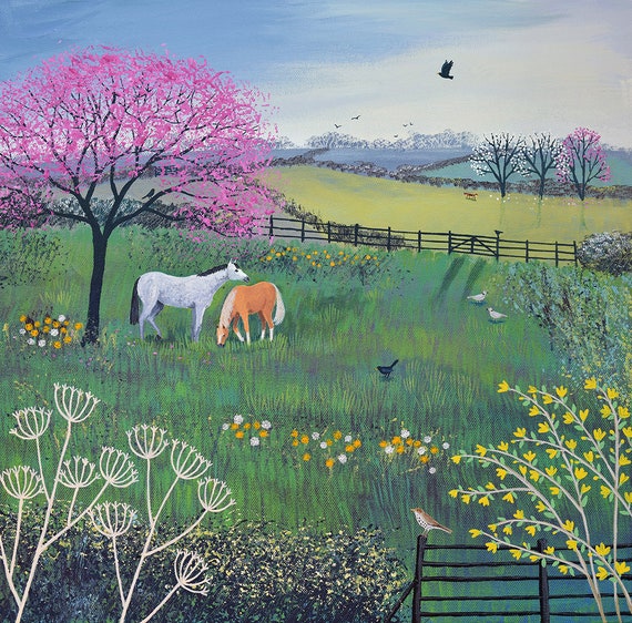 Impression Sur Papier De Campagne Avec Arbre De Fleur Rose Et Chevaux Dune Peinture Acrylique Originale Under The Blossom Tree Par Jo Grundy