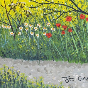 May include: A painting of a field of wildflowers with white daisies and red poppies. The flowers are growing in a field with green grass and a dirt path. The painting is signed "Jo Grundy" in the bottom right corner.