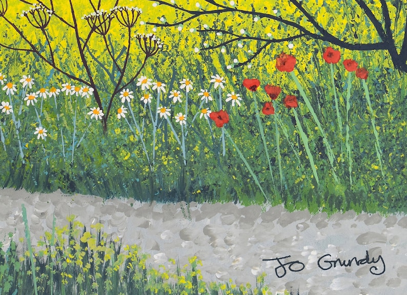 May include: A painting of a field of wildflowers with white daisies and red poppies. The flowers are growing in a field with green grass and a dirt path. The painting is signed "Jo Grundy" in the bottom right corner.