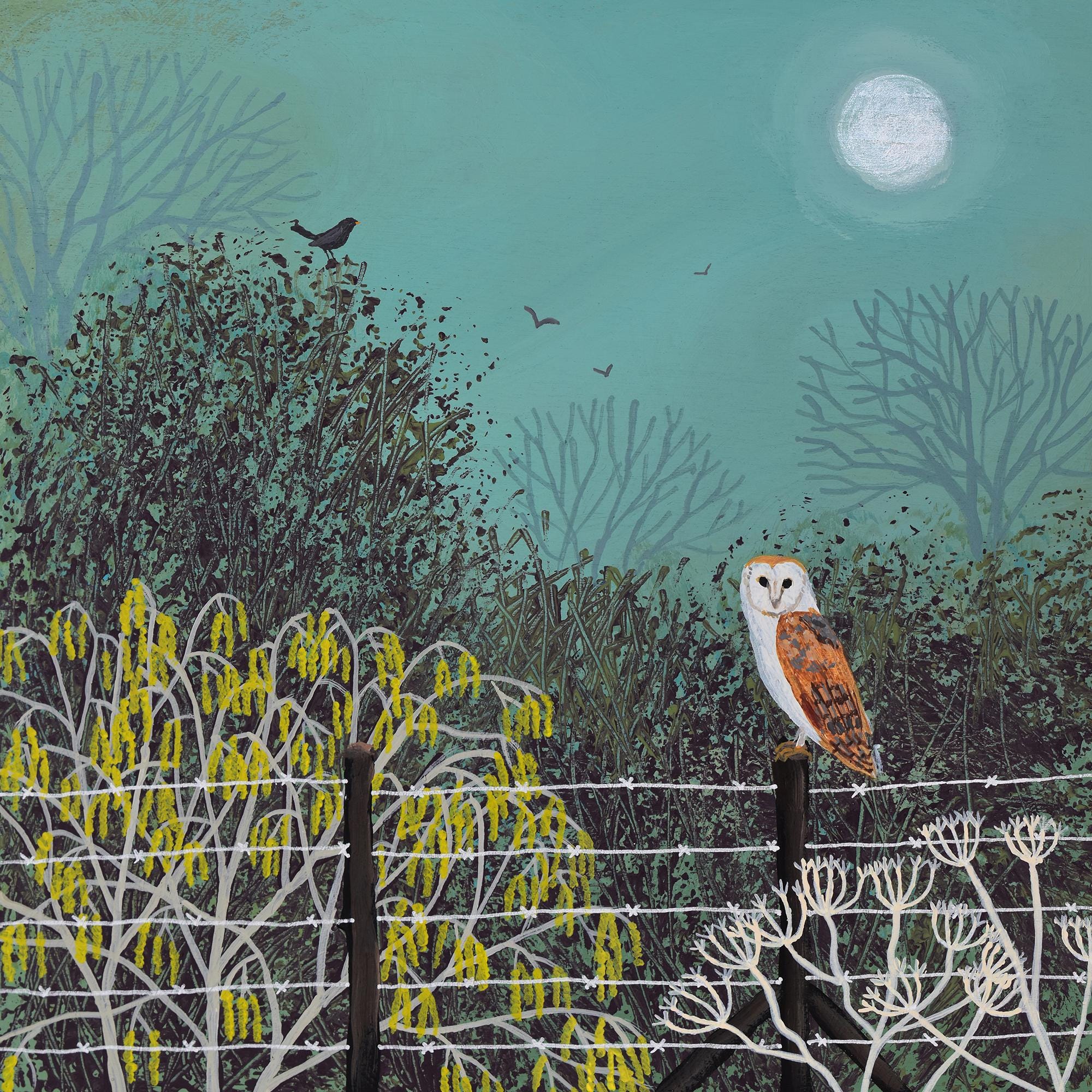 Print on paper of an owl in the moonlight in early spring printed from an original painting 'Eth