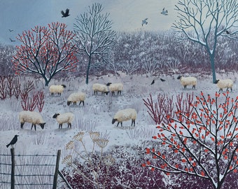 Winter Woollies print on paper of a sheep in a winter landscape available in three sizes