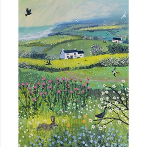 Nestled in the Meadow-print on paper of a rabbit among the wild flowers available in three sizes image 2