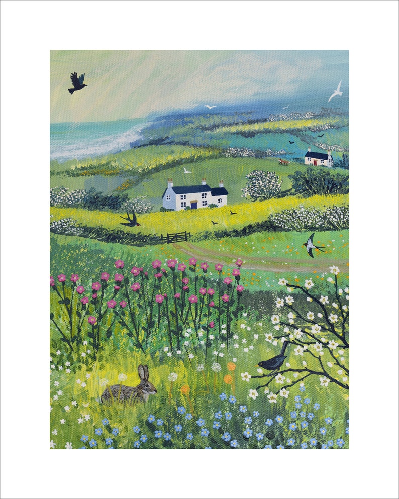 Nestled in the Meadow-print on paper of a rabbit among the wild flowers available in three sizes image 2