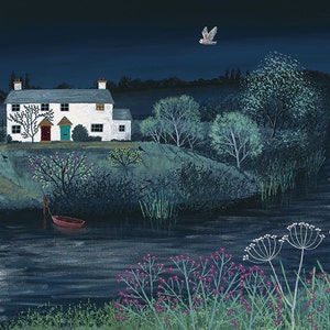 Print on paper of English countryside at night with river and owl from an original acrylic painting 'Moon River' by Jo Grundy