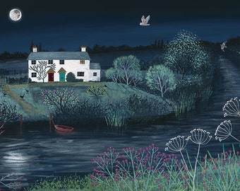 Print on paper of English countryside at night with river and owl from an original acrylic painting 'Moon River' by Jo Grundy