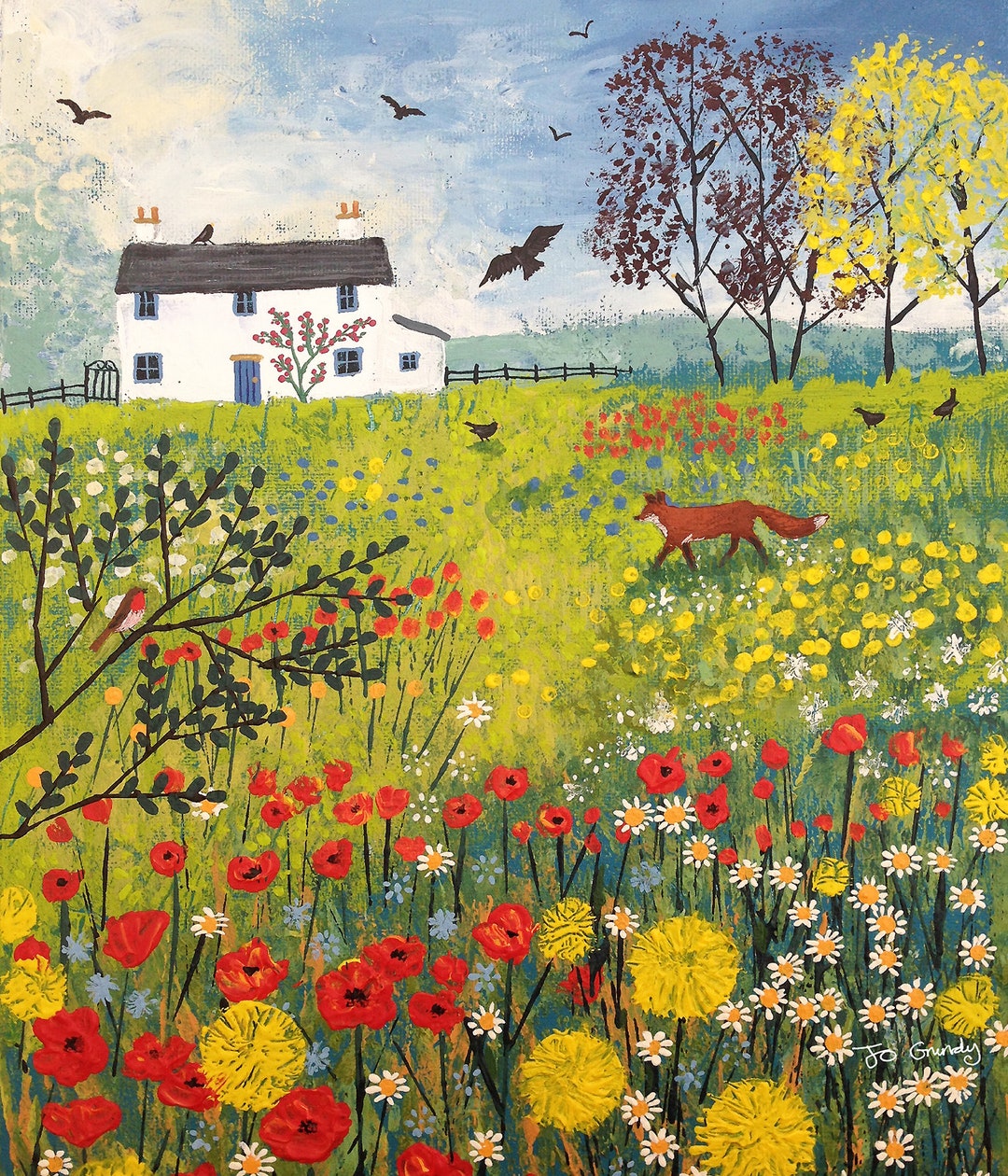 Canvas Print of English Flower Meadow With White Cottage and Fox