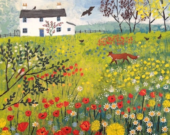 Canvas print of English flower meadow with white cottage and fox from an original acrylic painting 'Through the Flower Meadow by Jo Grundy