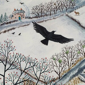 May include: A black crow flies over a snowy landscape with a small white house and bare trees. The ground is covered in snow and there are red berries on the branches of the trees.