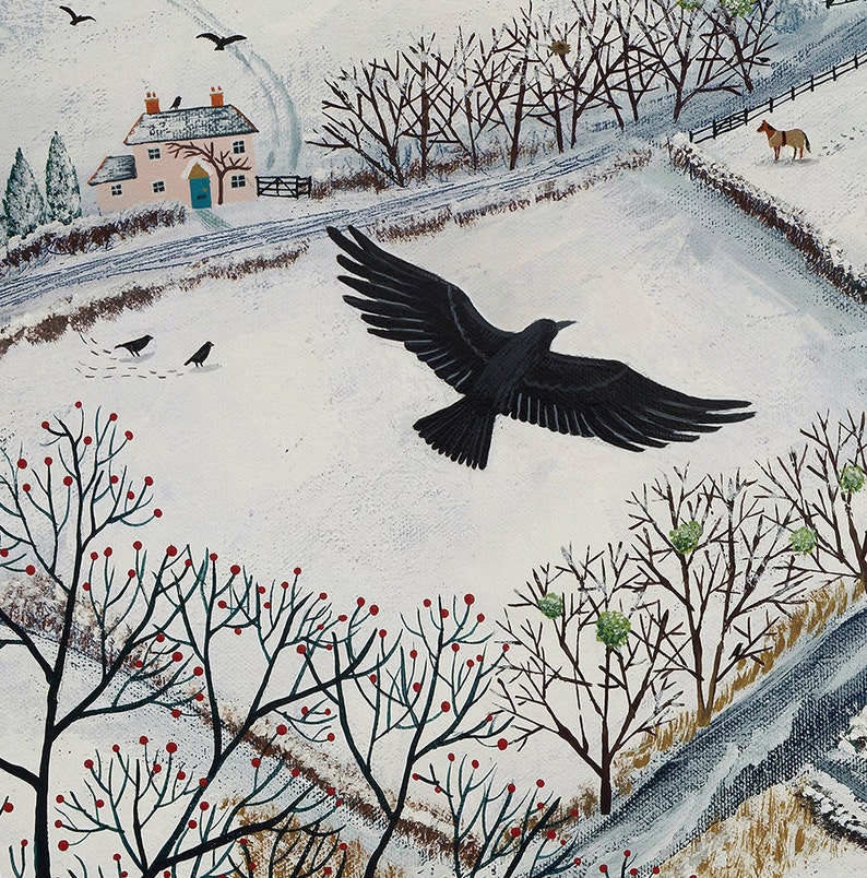 May include: A black crow flies over a snowy landscape with a small white house and bare trees. The ground is covered in snow and there are red berries on the branches of the trees.