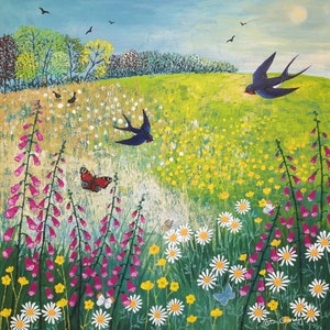 Canvas print of swallows, butterflies and flowers from an original acrylic painting 'Butterflies and Swallows' by Jo Grundy