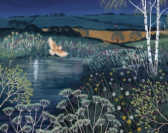 Large square canvas print of a night scene with owl in flight from an original painting 'Over Moonlit Pool' by Jo Grundy