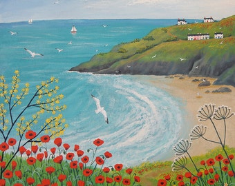 Impression sur papier d'un bord de mer anglais en été avec des coquelicots d'après une peinture acrylique originale 'The Path to Poppy Bay' de Jo Grundy