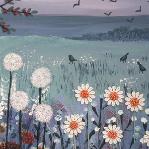 May include: A painting of a field of white flowers with pink centers, against a blue and green background. There are small birds flying in the sky and a few small trees in the distance.