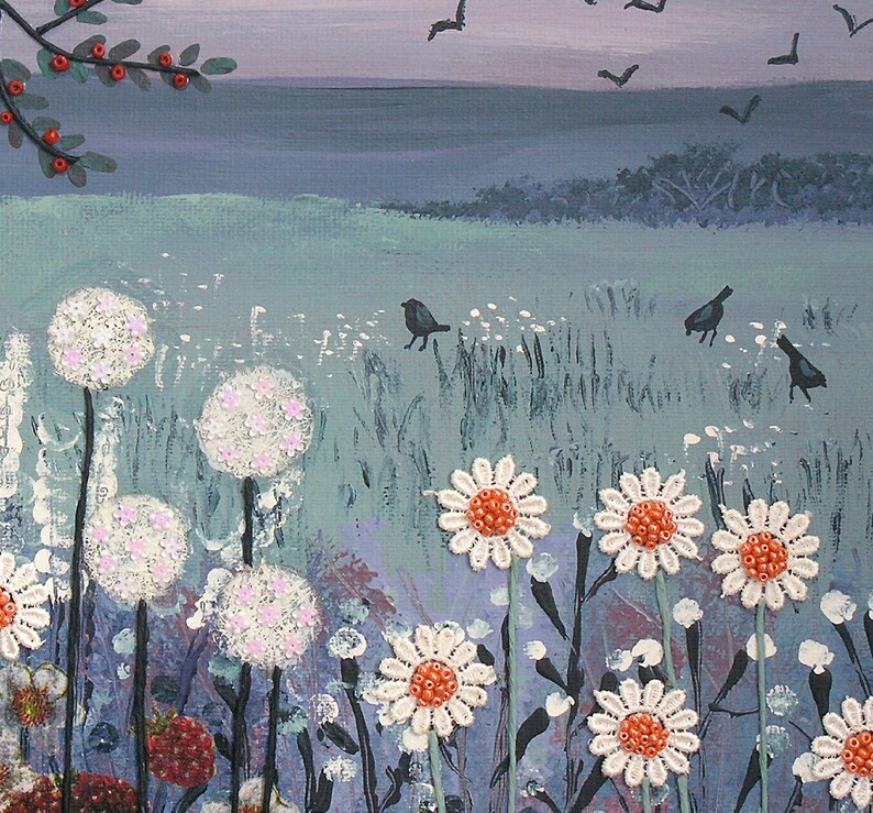 May include: A painting of a field of white flowers with pink centers, against a blue and green background. There are small birds flying in the sky and a few small trees in the distance.