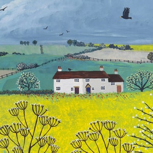 May include: A white cottage with a brown roof sits in a field of yellow wildflowers. The cottage has two windows on each side and a blue door. There are trees and a fence in the background.