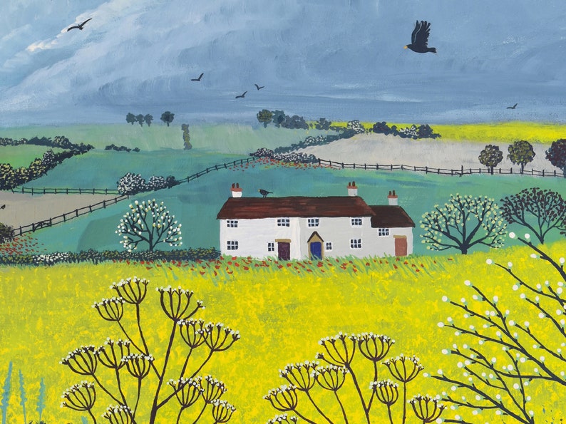 May include: A white cottage with a brown roof sits in a field of yellow wildflowers. The cottage has two windows on each side and a blue door. There are trees and a fence in the background.