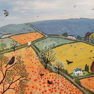 May include: A painting depicting a rural landscape with rolling hills, fields, and houses. The scene is painted in a whimsical style with bright colours and simple shapes. There are birds flying in the sky, cows grazing in a field, and a pheasant walking in a field of red flowers.