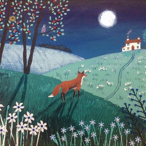Impression contrecollée de la campagne anglaise la nuit avec la lune et le renard d'après une peinture originale de techniques mixtes « On Top of Midnight Hill » de Jo Grundy