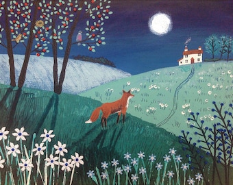 Mounted print of English countryside at night with moon and fox from an original mixed media painting 'On Top of Midnight Hill' by Jo Grundy