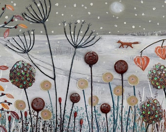 Large panoramic print on paper of snow scene with blackbird and fox from an original mixed media painting 'Caught in the Snow' by Jo Grundy