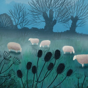May include: A misty blue landscape with five white sheep grazing in a field. The sheep are surrounded by tall, dark green plants and a few trees in the background.