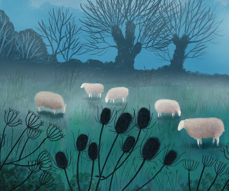 May include: A misty blue landscape with five white sheep grazing in a field. The sheep are surrounded by tall, dark green plants and a few trees in the background.