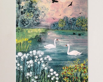 Impresión montada de 8 x 10 pulgadas de paisaje con río y cisnes de una pintura acrílica original 'El lago de los cisnes' de Jo Grundy