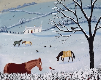 Print on paper of winter landscape with horses from an acrylic original painting 'Over Snowy Hedge' by Jo Grundy